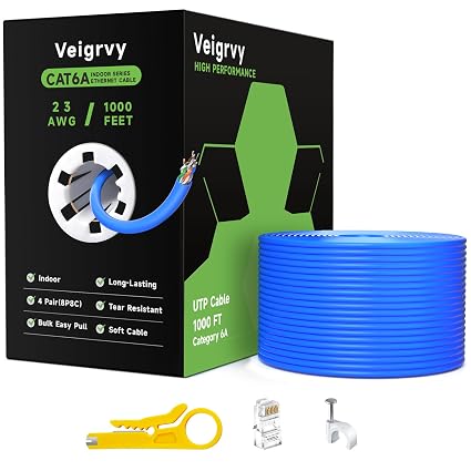 Cat 6a Ethernet Cable 1000 ft Bulk, 23AWG 550MHz Solid CCA UTP Cat 6a Cable with 60 Rj45 Connector, High-Speed Internet Cable Gaming Network LAN Cable for Cameras, Computers - Blue