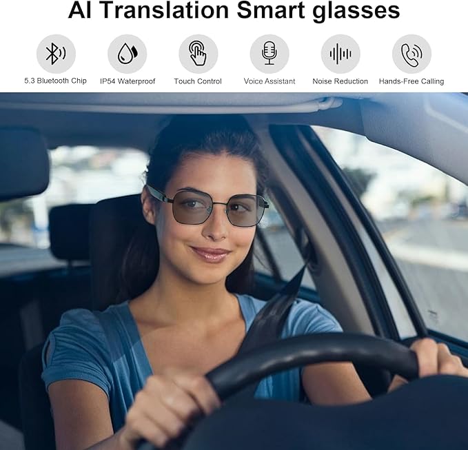 AI Smart Glasses, Powered by GPT, Support 165+ Languages Translation, Multi-Functional Translator, Noise Reduction & Photochromic Lenses, Unisex Bluetooth Glasses for Work/Travel/Study