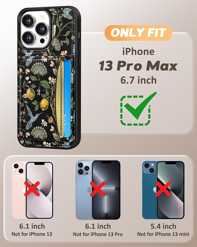 for iPhone 13 Pro Max Case with Wallet - Fits 4 Card Slots, Compatible with MagSafe for Women Aesthetic PU Leather Credit Card Holder Kickstand Phone Cover for Apple 13 Promax, Lemon Bird