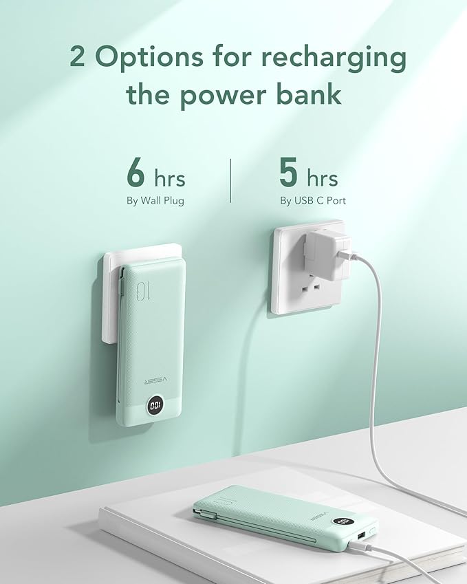 VEGER Portable Charger with Built-in AC Plug and Cables, All in One 10000mAh Ultra Slim Power Bank Travel Essentials, 15W Fast Charging Battery Pack Compatible with iPhone, Samsung, Android (Green)