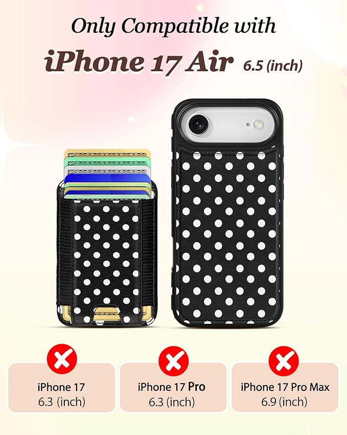 Shorogyt for iPhone Air Wallet Case - Fits 5 Cards, Compatible with Magsafe Detachable Magnetic Credit Card Holder Leather Cardholder Cute Phone Cover Women Girls for Apple 17 Air, Polka Dots