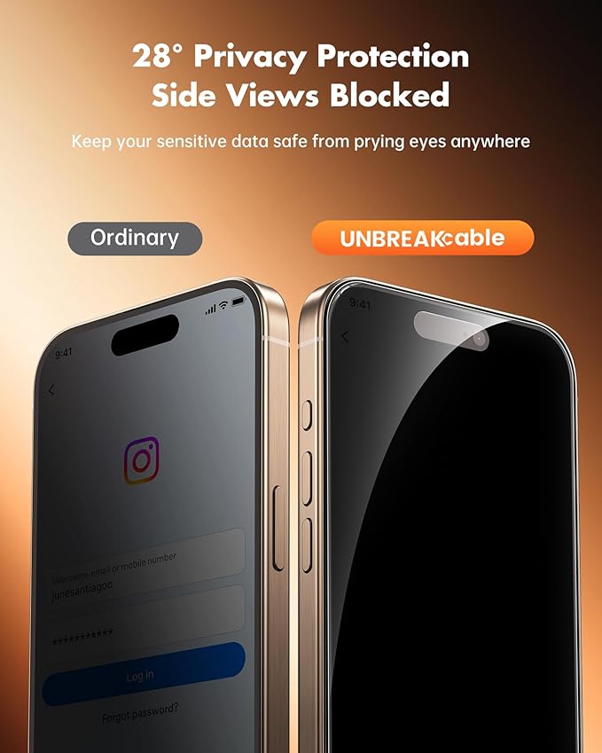 UNBREAKcable Privacy Screen Protector Bundle for iPhone 16 Pro Max (2 Pack) & iPhone 16 Pro (2 Pack), Tempered Glass, True 28° Anti-Spy, 9H Shatterproof, Case-Friendly, Easy Install Frame