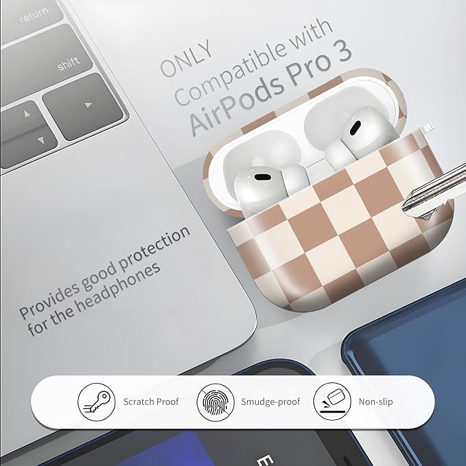 Compatible with AirPods Pro 3rd Generation 2025 Case Cover with Gold Keychain - Cute Protective Hard AirPod Pro 3 Cases for Women - Beige Coffee Checkered