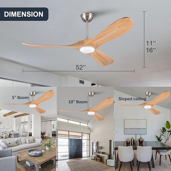 52 Inch Solid Wood Ceiling Fans with Lights and Remote Control,6 Speeds,Noiseless,Reversible DC Motor,Modern Ceiling Fan with Light for Indoor/Outdoor Bedroom,Patios(Natural Wood Grain)