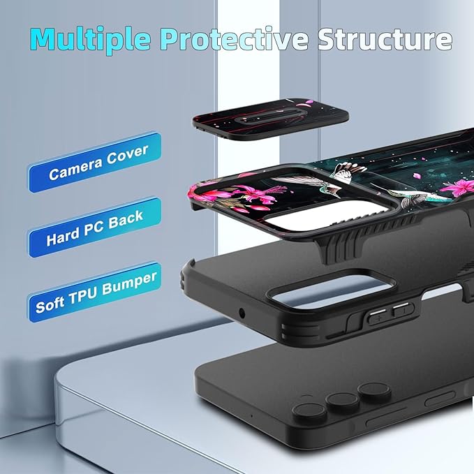 for Galaxy A16 5G Case Built in Slide Camera Lens Cover,Heavy Duty Shockproof Protection Dual Layer Case for Samsung Galaxy A16 5G 6.7" 2024,Flower Hummingbird