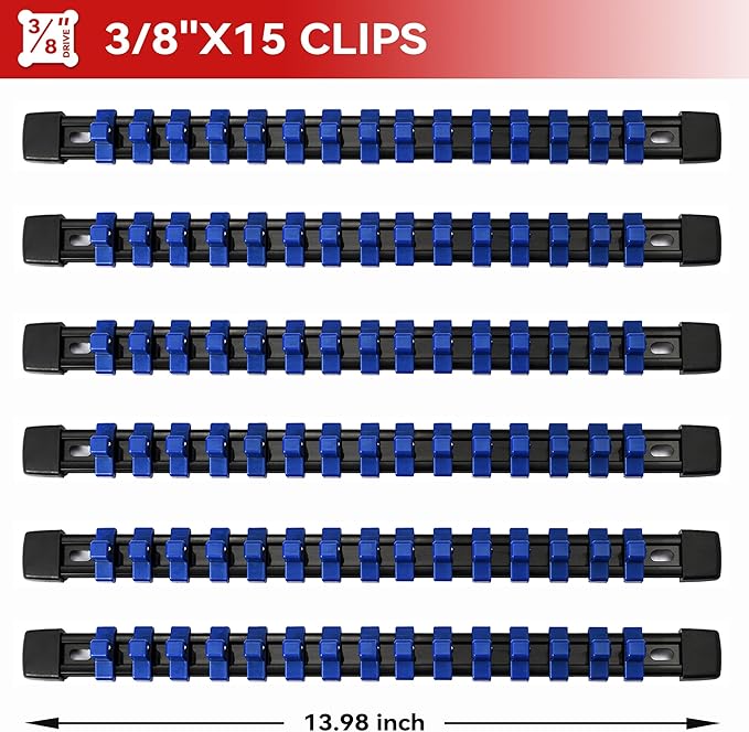 ALOANES 6PC ABS Socket Organizer, Socket Rails Fit 3/8 inch Drive, Heavy Duty Socket Holders Hold up to 90 Sockets, Black Rails with Blue Clips