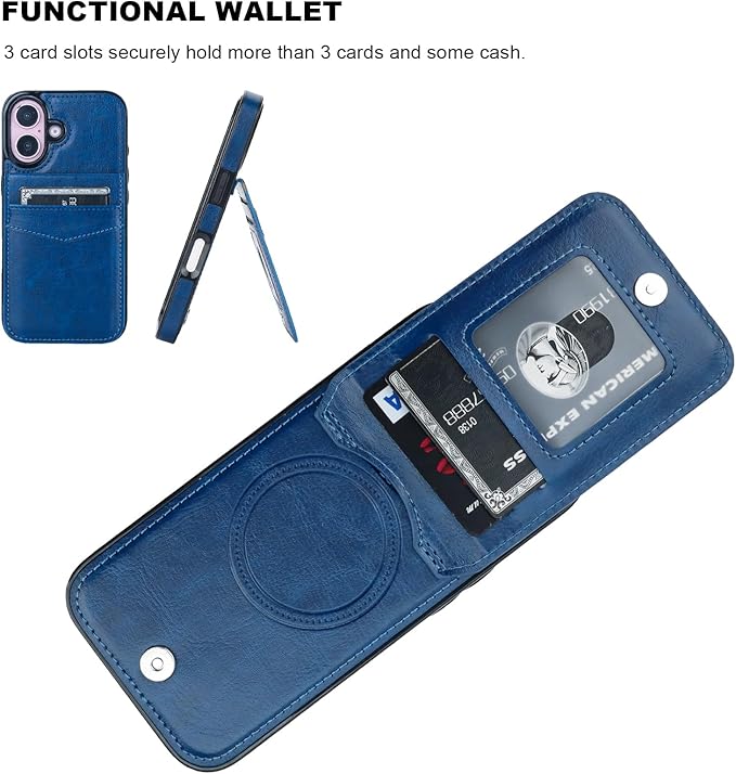 KIHUWEY for iPhone 16 Case Wallet Compatible with MagSafe Wireless Charging, Credit Card Holder, RFID Flip Leather Magnetic Clasp Kickstand Heavy Duty Protective Cover 6.1 Inch (Blue)