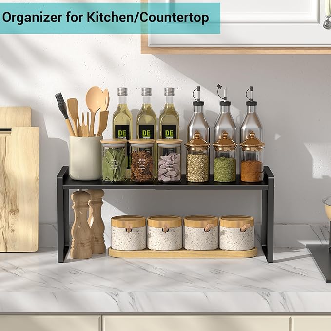 Expandable Kitchen Cabinet Organizer Shelves, Stackable Heavy Duty Metal Pantry Organizers, Adjustable Cabinet Shelf for Cupboard, Pantry & Under Sink Space Saver, Black, Patent Pending