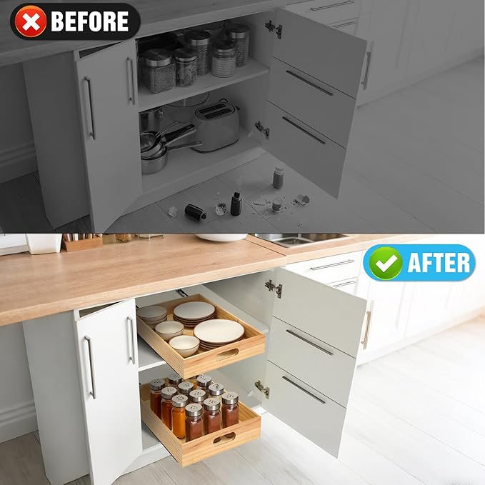 2 PCS Wood Pull Out Cabinet Organizers with Removable Dividers, 14''W x 21''D Nail-free Sliding Drawers with Adhesive Tape, Roll Out Shelves for Kitchen, Pantry, Office (Wood)