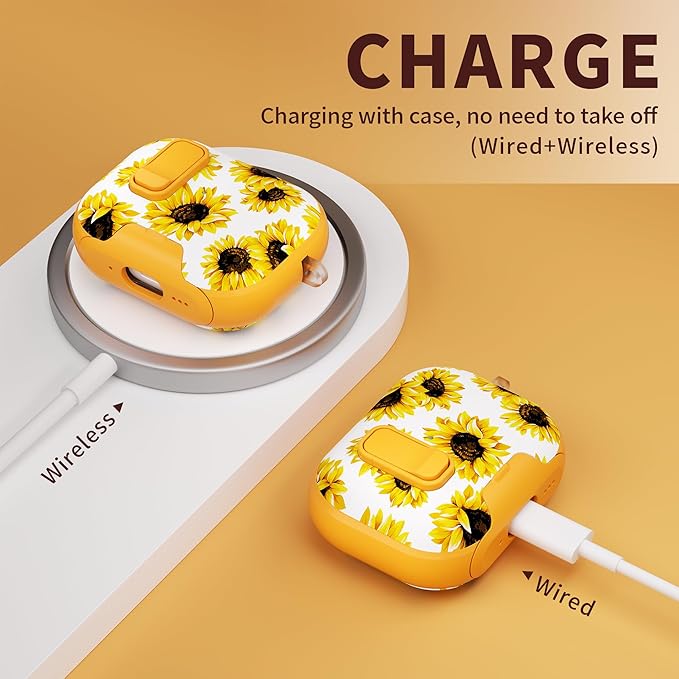 for AirPods Pro 3 Case(2025) with Secure Lock Clip and Phone Stand,Floral Girly Style Protective Cover with Cleaning Kit and Hand Strap for Apple AirPod Pro 3 Generation (Yellow Sunflower)