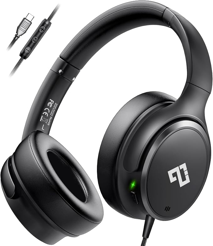 USB C Wired Headphones Active Noise Canceling Headphone Over Ear-Black
