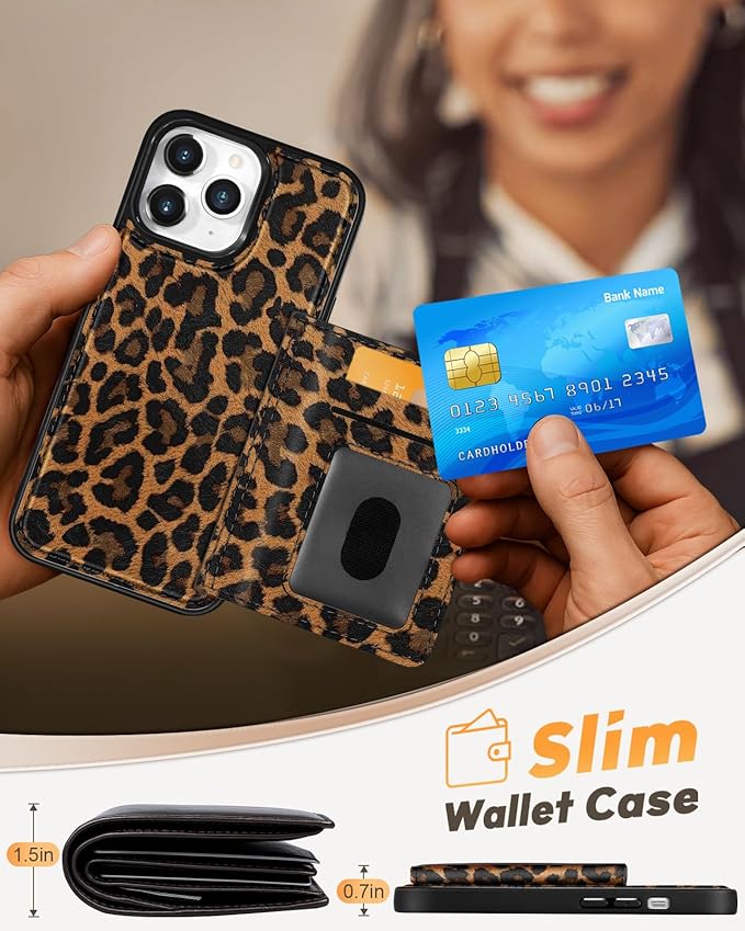 for iPhone 11 Pro Case with Wallet - Fits 4 Card Slots, Compatible with MagSafe for Women Aesthetic Durable PU Leather Credit Card Holder Kickstand Phone Cover for Apple 11 Pro, Leopard