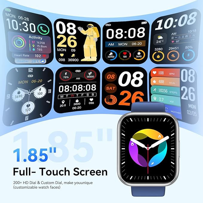 Smart Watch for Men Women, 1.85" HD Fitness Tracker with Bluetooth Calls, 120+ Sport Modes Fitness Watch, Fitness Tracker 24/7 Heart Rate/Sleep Monitor, IP68 Waterproof, for Android/iPhone (Blue)