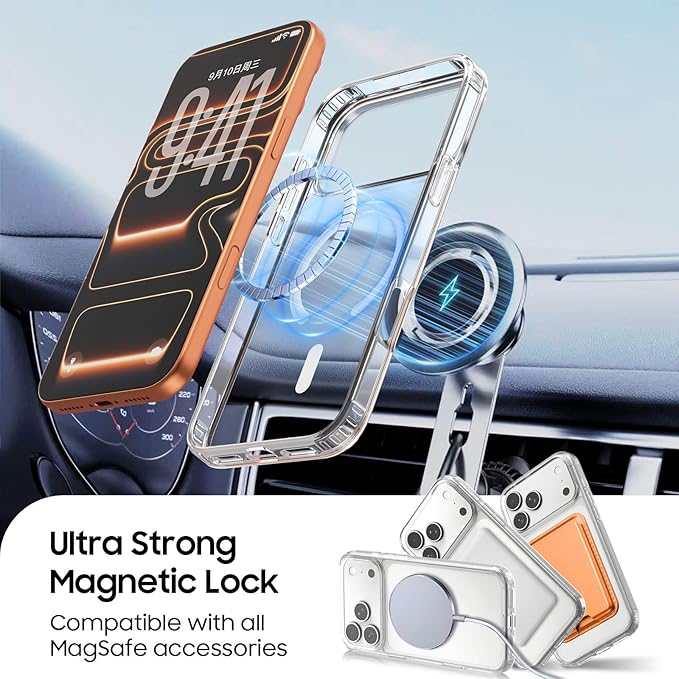 Magnetic for iPhone 17 Pro Clear Case with Orange Detachable Wallet, Compatible with MagSafe, Credit Card Holder with Slim Shockproof Protective Phone Cover