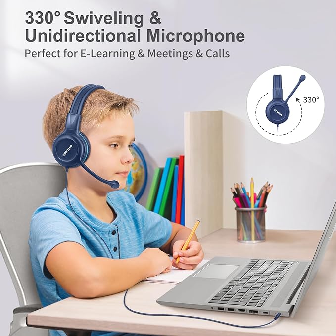 SIMOLIO Wired Headphones for School with Microphone, Stereo Kids Headphone with Flexible Swivel Boom Mic for Student K12 & Teacher & E-Learning, 3 Levels Volume Limiter Gaming Headsets for Boys, Girls