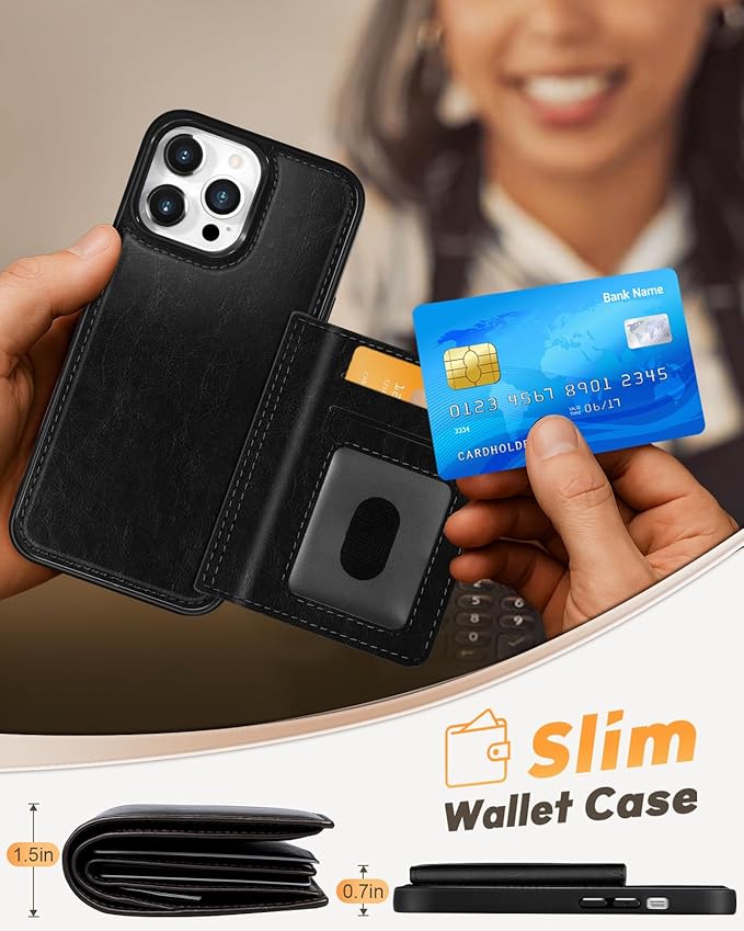 for iPhone 12 Pro Max Case with Wallet - Fits 4 Card Slots, Compatible with MagSafe for Women Men Durable PU Leather Credit Card Holder Kickstand Phone Cover for Apple 12 Promax, Black