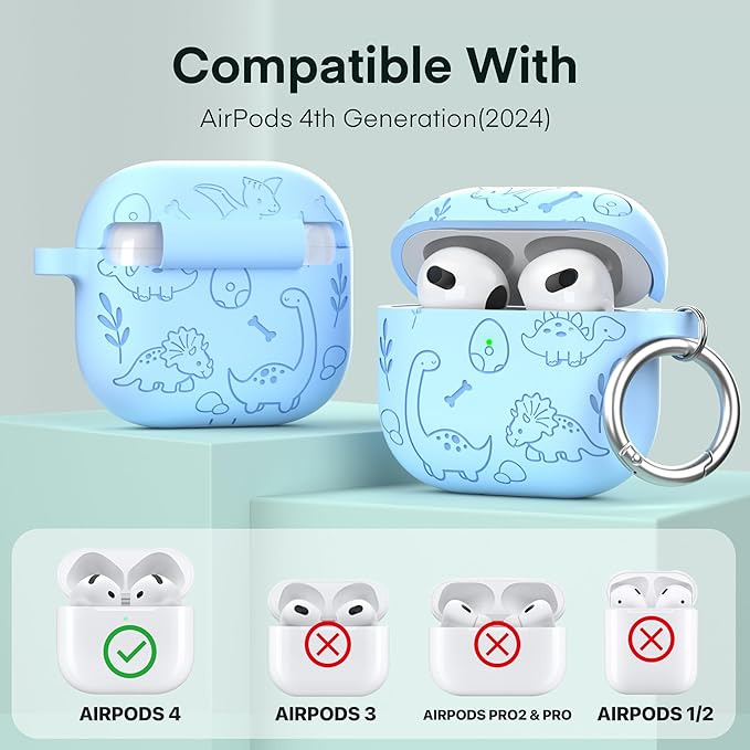 Maxjoy for AirPods 4 Case, Engraved Silicone Cute AirPod 4 Case for Women Men Protective iPod 4 Cover with Keychain Cleaning Kit for AirPod 4th Generation Cover 2024, Dinosaur Blue