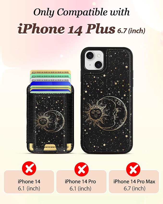 Shorogyt for iPhone 14 Plus Wallet Case - Fits 5 Cards, Compatible with Magsafe Detachable Magnetic Credit Card Holder Leather Cardholder Cute Phone Cover Women Girls for Apple 14Plus, Sun Moon