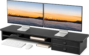 Dual Monitor Stand, 42.5 Inch Wood Monitor Riser with Drawers, 2 Tier Desktop Organizer for Computer Laptop TV, Large Screen Stand for Home Office Desk - Image 1