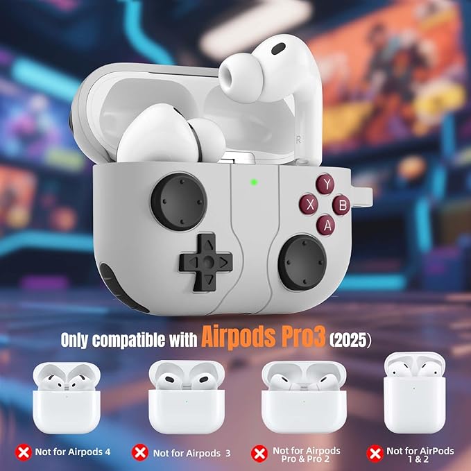 Game Case for AirPods Pro 3 Case 2025, Shockproof Silicone Cover for Apple AirPods Pro 3, Skin-Friendly, Anti-Fingerprint, with Cleaner Kit & Keychain – Durable Case for Women Men – Gray