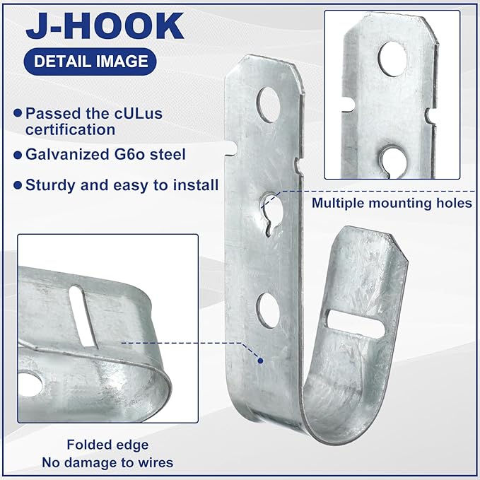 Gisafai 50 J Hooks for Hanging, Heavy Duty J Hooks, Metal Cable Hook for Wire Management, Ul Certification, G60 Galvanized Steel (1/5-16 Inch)