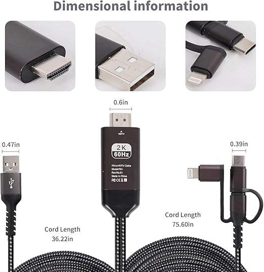 3-in-1HDMI Cable to TV Adapter 2k 60Hz 1080P Phone to TV HDTV AV Adapter for Android Phone Type C,Multi-Function,Plug & Play, HDMI Cable Compatible with Roku TV/PS5/HDTV/Blu-ray