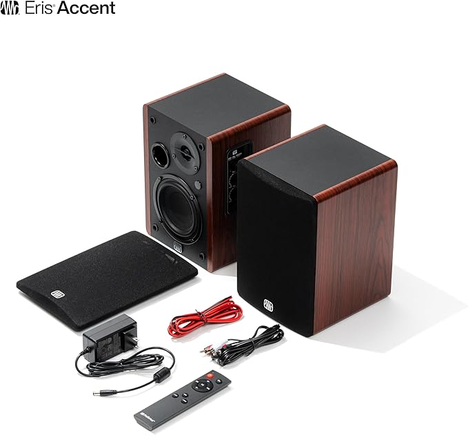 PreSonus Eris Accent Powered Bookshelf Speakers – 50W Wired Stereo Speakers for Record Player, Turntable, Desk & Home, Multiple Inputs, 4” Woofer, Studio Monitors, Tweeter, Remote, Sub Out, Wood Grain