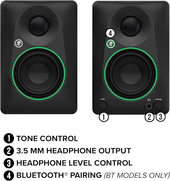 Mackie CR8BT 8" Creative Reference Powered Studio Monitors with Bluetooth, Tone Knob and Location Switch — Active Speakers for Music Production, Desktop Computer, Gaming, HiFi Listening