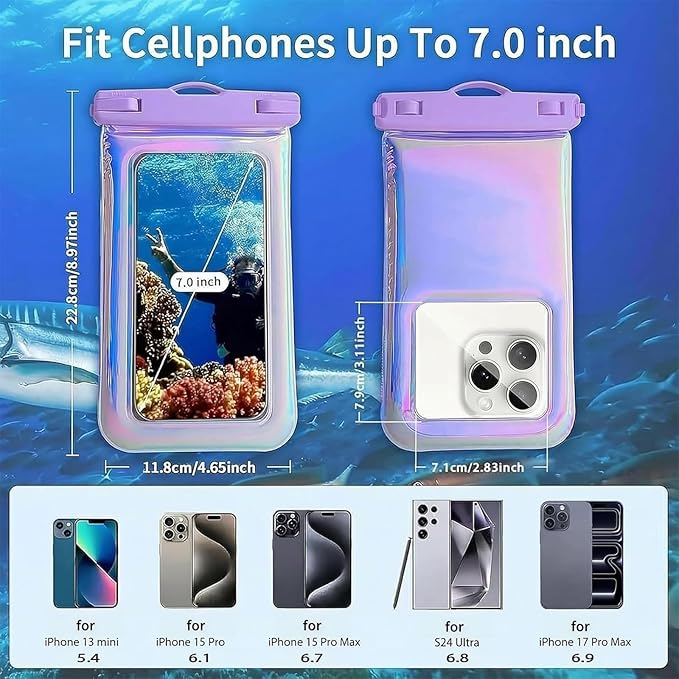 Floatable Waterproof Phone Pouch Case for iPhone 17 16 Pro Max/15/14/13/12, IP68 Travel Cellphone Dry Bag Beach Cruise Ship Essentials Bags with Crossbody Lanyard, Iridescent Purple - 7″