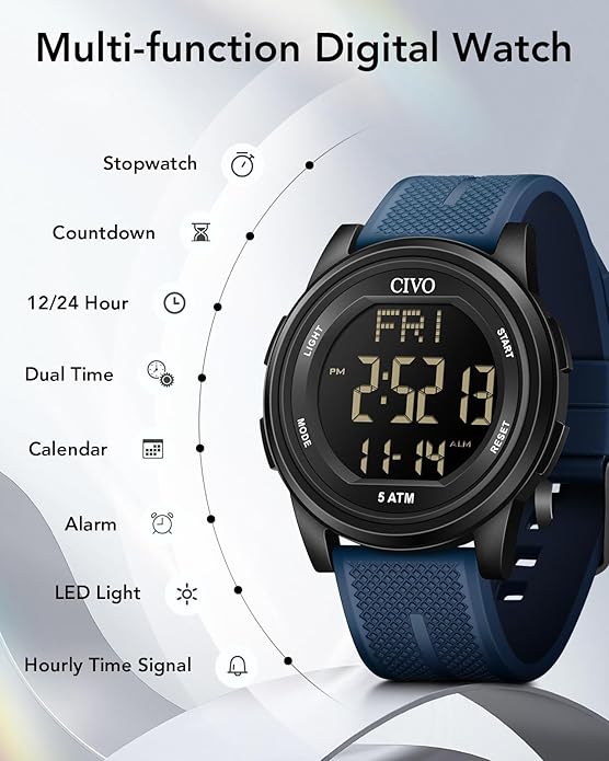 CIVO Digital Watches for Men Women: Sports Waterproof Wristwatch with Stopwatch Alarm Date - LED Backlight Big Numbers Silicone Watch for Outdoor Camping Running Cycling