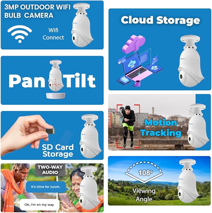 3MP Outdoor PT WiFi Bulb Camera|Easy instalaltion in Holder|Smart Dual Light|Two Way Audio|Wireless Connection| Pan & Tilt Security Camera|IP65