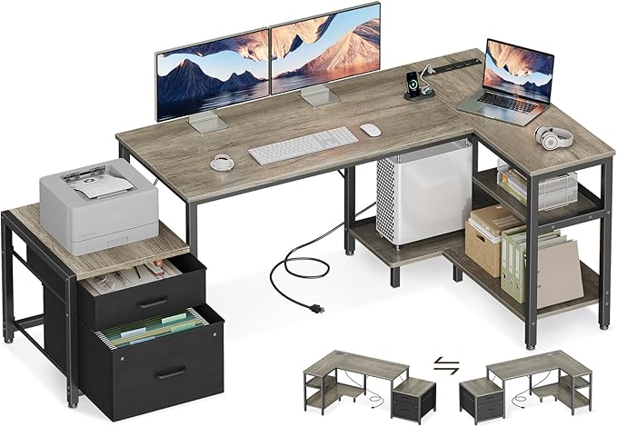 Casaottima L Shaped Desk with Drawers & File Cabinet, 63 Inch Computer Desk with Storage Shelves & CPU Stand, Corner Desk with Power Outlets, Reversible L Desk for Home Office, Grey