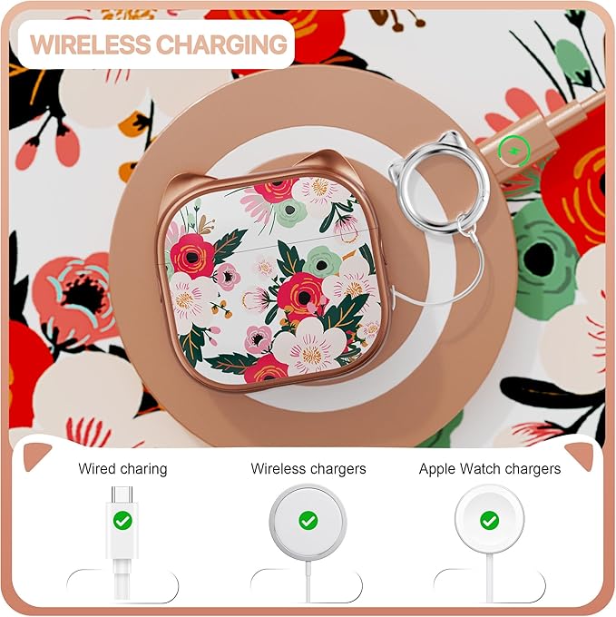 RFUNGUANGO AirPods 4 Case for Women Girly Cat Case with Lock, Phone Stand, Keychain & Cleaner Kit, Compatible with Apple Airpods 4th Generation Case Cover, Rose Gold Flower