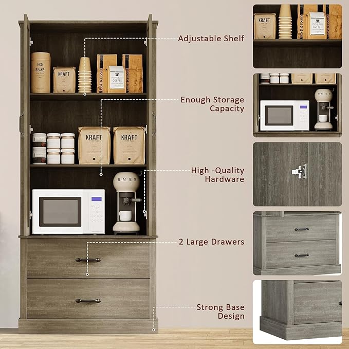 IDEALHOUSE Kitchen Pantry Storage Cabinet with Barn Doors, Drawer, and 2 Adjustable Shelves, Freestanding Tall Hutch with Microwave Stand for Kitchen, Dining Room, Rustic Gray