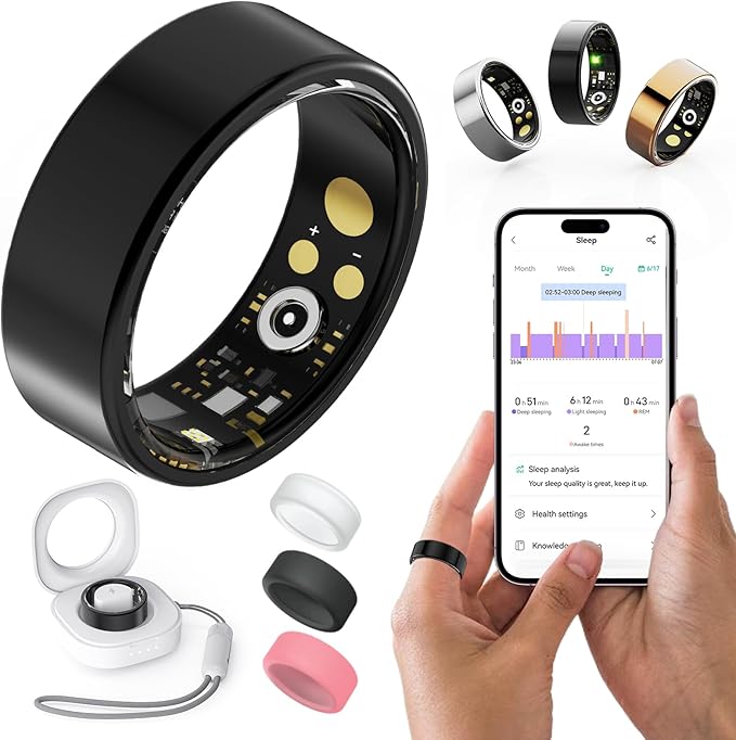 Health Rings for Women Men, Fitness Tracker with Heart Rate,Blood Oxygen, Blood Pressure, Sleep/Step Tracker, IP68 Waterproof Smart Ring for iPhone & Android (Black, 10#)