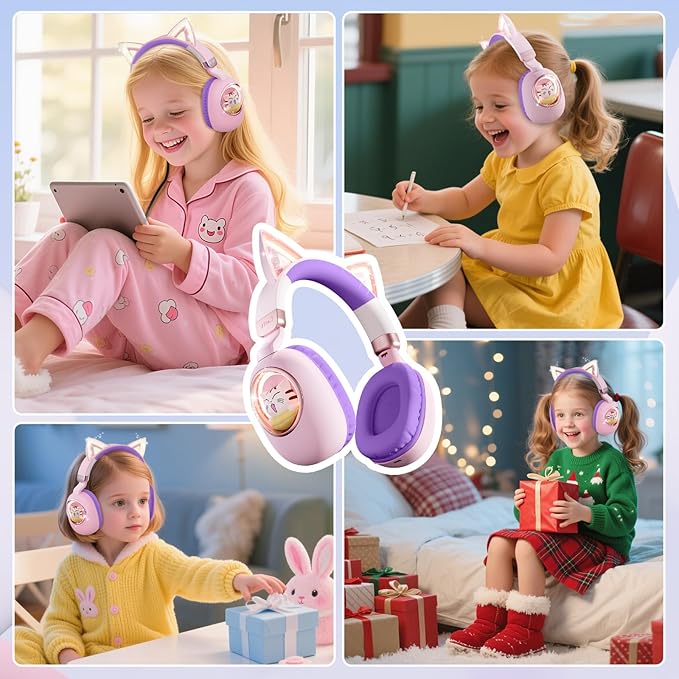 esonstyle Kids Headphones Cat Ear - Bluetooth 5.4 Over-Ear Noise Cancelling Headphones with Microphone LED Lights Up 85dB Safe Volume Limit Wireless or 3.5mm Wired USB C (Pink Purple)