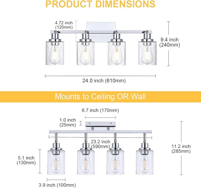 4-Light Multi-Directional Rotating Track Light Fixture Ceiling Track Lighting Heads with Seeded Glass Chrome Track Lighting Kit Bathroom Vanity Light Spotlight Fixtures for Kitchen Accent Shop