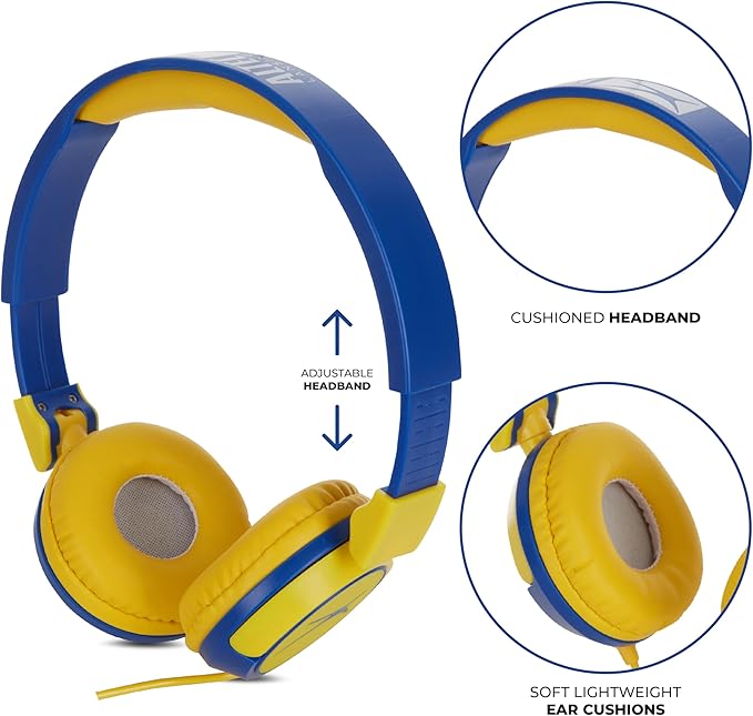 Altec Lansing Kid Safe Wired Headphones, Over Ear Headphones for Kids Ages 3-5, Volume-Limiting Toddler Headphones with Mic, Compact Foldable Kids Headphones with Cord, APA Approved (Blue/Yellow)