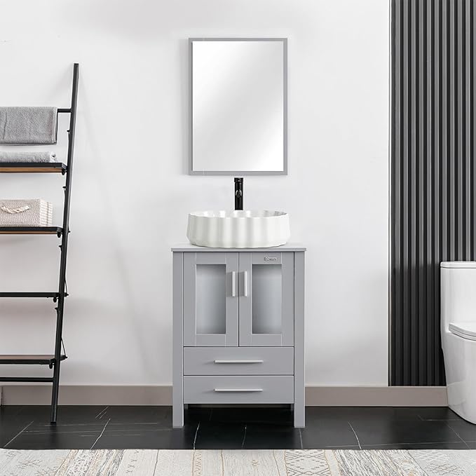 eclife 24" Modern Bathroom Vanity Sink Combo Freestanding Cabinet with Soft Closing Door, White Shell Ceramic Vessel Sink, Water Save Faucet, Drain (Gray+T54)