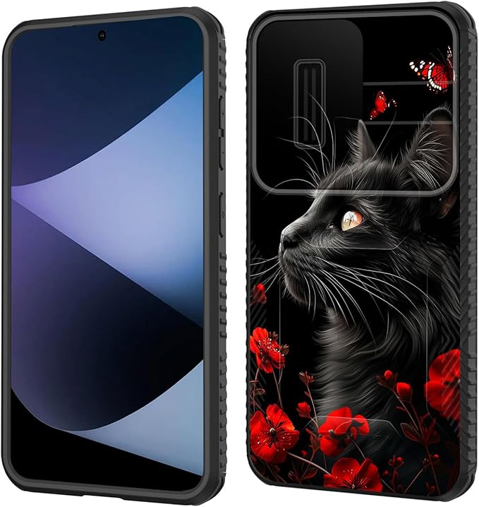 for Galaxy S26 Plus Case Built in Slide Camera Lens Cover,Heavy Duty Shockproof Protection Dual Layer Case for Samsung Galaxy S26 Plus 6.7" 2026,Black Cat Flowers and Butterflies