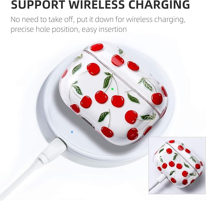 Compatible with Apple Airpods Pro Case for Women, Clear with Designs Patterns Hard PC Shockproof [Front LED Visible ] Anti-Fall Full Protector Cover, Cherry