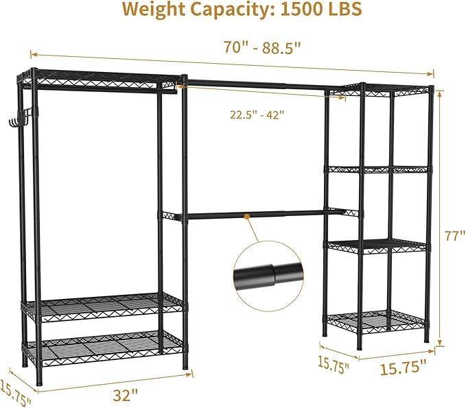 Expandable Heavy Duty Garment Rack Clothes Rack,Large Metal Closet Organizer System Storage Wardrobe,Freestanding Clothing Rack with 9 Adjustable Wire Shelves&3 Hang Rods,MaxLoad 1500lbs