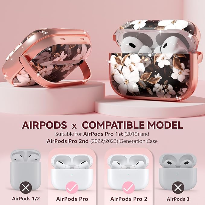 Inesore for AirPods Pro 2nd Generation Case Cover with Lock, Flowers Cute Air Pods Pro 2 Case Hard iPod Pro Cases for Women Girls with Cleaner Kit (2023 USB-C /2022/2019) -Black Gold Flower