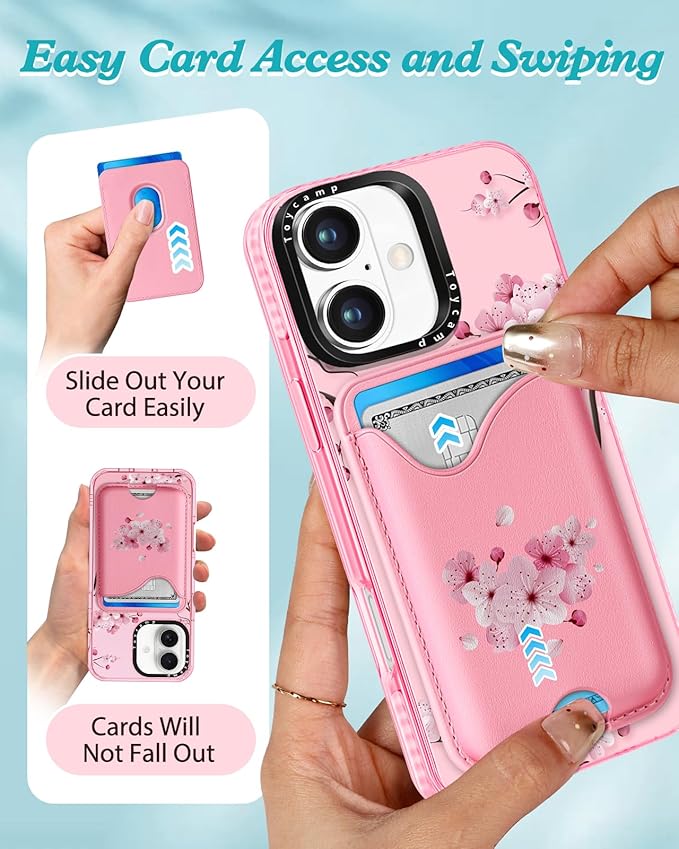 Toycamp for iPhone 16 Case - Compatible with Magsafe with Credit Card Holder Wallet Magnetic Cute Women Teen Girls Kawaii Girly Unique Flower Design Pretty Phone Cover for Apple 16 6.1"