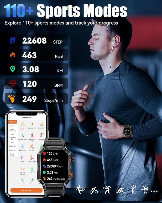 Military Smarty Watch for Men, 2.01" Smartwatch with 1200mAh Battery, Flashlight, Answer/Make Calls, Heart Rate/Sleep Monitor 100+ Sport Modes Fitness Tracker for Android/iPhone