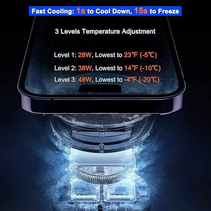 Phone Cooler for Gaming, Live Streaming, Freeze in 15s, 48W Magnetic Cellphone Cooler with Low Noise Liquid Cooling Radiator for iPhone MagSafe Series/Android/iPad/Tablet, Beyond Phone Fan