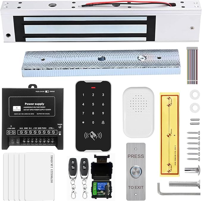 Door Access Control System Kit Set with 280kg/600lbs Electric Magnetic Lock, RFID Keypad, Two Remotes,DC12V/5A Power Supply,Stainless Steel Push to Exit Button， 5pcs RFID EM ID Card (C60-Kits)