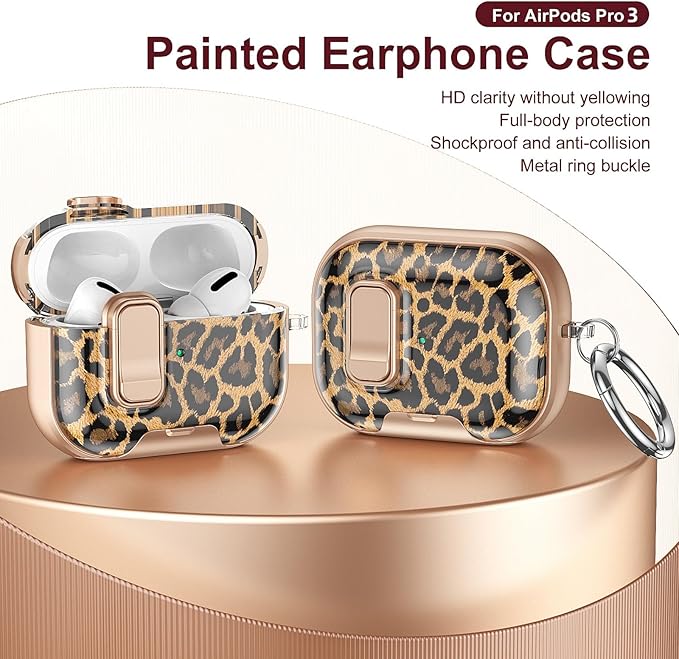 Case Compatible with AirPods 4 2024,Elegant Leopard Pattern Cover for AirPods 4th Gen with Built-in Phone Stand,One-Click Secure Lock & Metal Carabiner,Wireless Charging, Gift for Girls Women