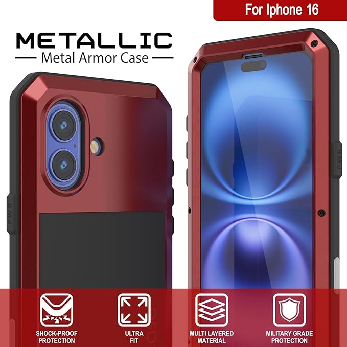 Punkcase for iPhone 16 Metal Case | Heavy Duty Military Grade Armor Cover | Hard Aluminum & TPU Design W/Tempered Glass Screen Protector for iPhone 16 (6.1") (2024) [Red]