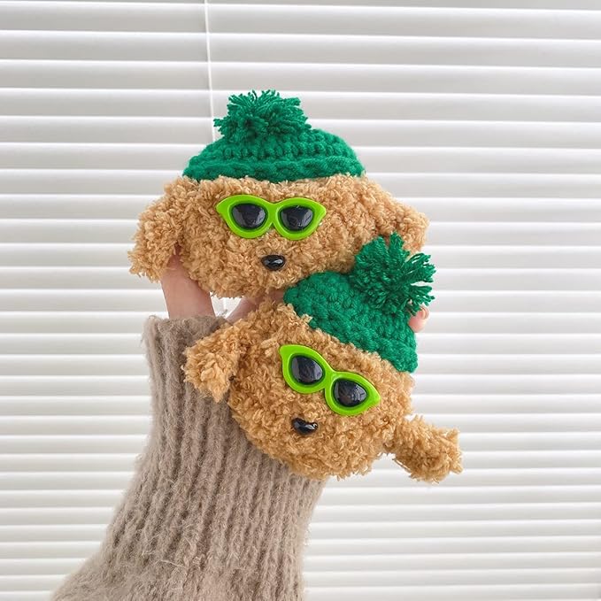 Yatchen Plush Case for AirPods 3,Kawaii Cute 3D Cartoon Fur Teddy Dog with Green Hat Sunglasses Funny Furry Airpods 3rd Generation Cover with Keychain Protector Women Girls for AirPods 3